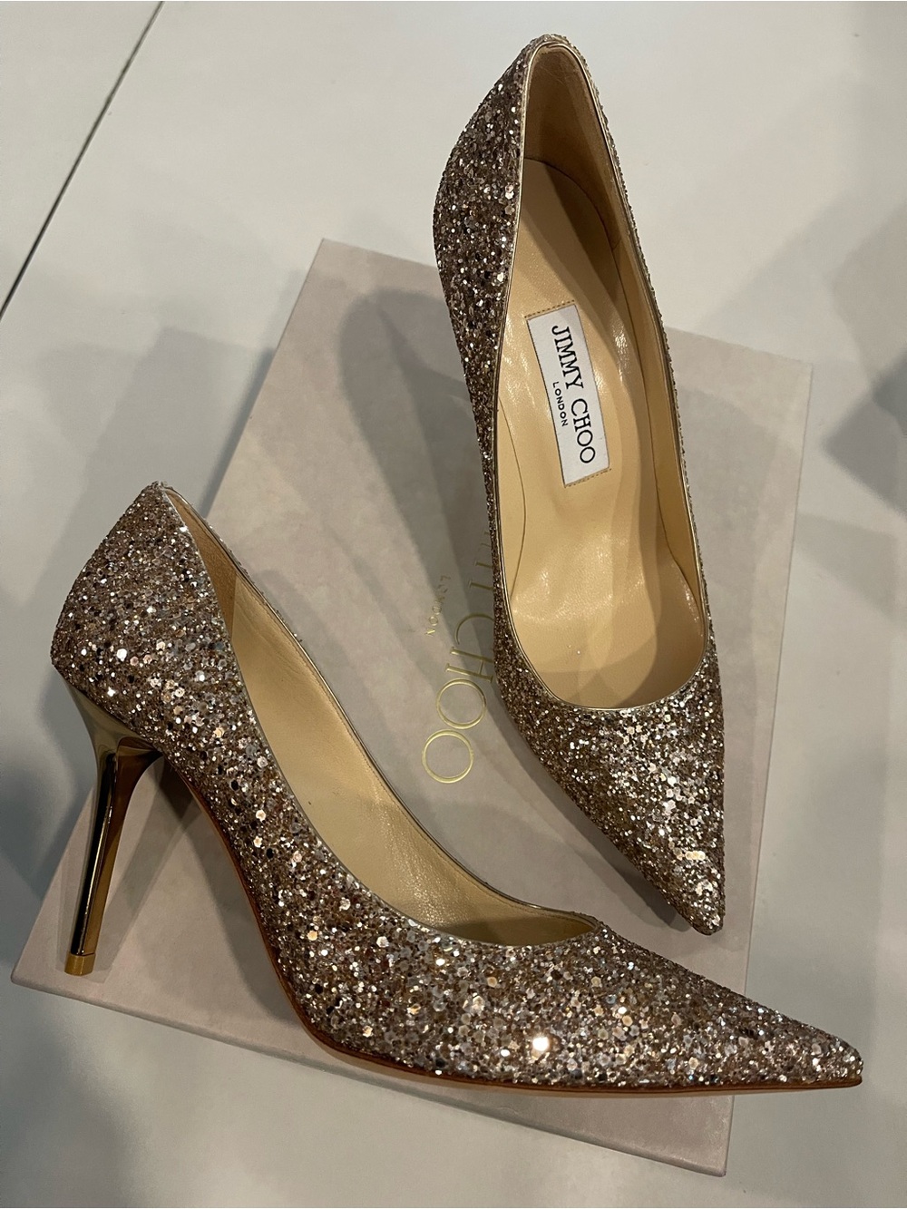 Jimmy choo romy champagne glitter pump